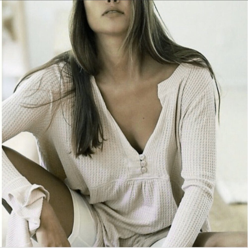 FREE PEOPLE OATMEAL OLIVIA HENLEY WAFFLE TUNIC TOP - Picture 3 of 9